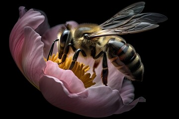 Wall Mural - AI generated illustration of A close up of a bee collecting pollen from a pink flower