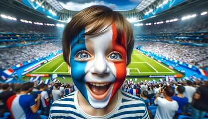 Wall Mural - child boy soccer fun with painted face of flag France in football stadium