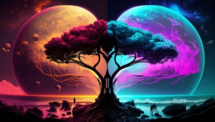 Poster - AI generated illustration of two trees silhouetted against a star-studded night sky