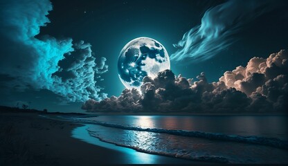 Wall Mural - an moon and clouds are in the night sky over a beach