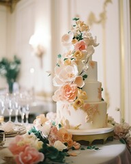 Wall Mural - AI generated illustration of a beautiful wedding cake sitting on a table in a luxurious banquet hall