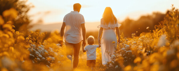 Family Happiness: A Daughter's Joyful Childhood in Nature, Together with her Happy Parents and Loving Father during a Beautiful Summer Sunset