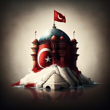 AI Generated Illustration Of Mosque Style Building With The Turkey Flag Fluttering On Its Top