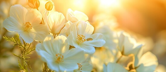 Canvas Print - A macro photograph showing a close-up of white flowers with the sun shining through their petals, showcasing the beauty of flowering plants.