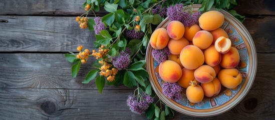 Wall Mural - Top-down view of a summer flatlay still life with ripe apricots in a vintage bowl on a rustic wooden table, adorned with acacia flowers, elderberries, and herbs. Copy space available.
