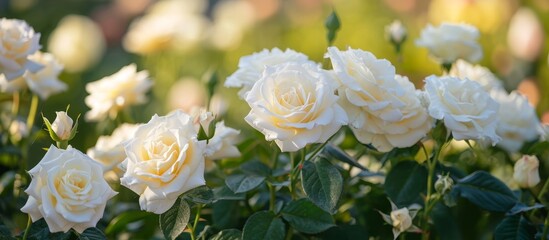 Sticker - A beautiful garden has a variety of flowers, including white roses, which are a type of flowering plant known as hybrid tea roses.