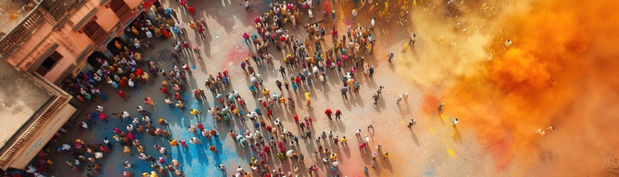 Vibrant Holi celebration captured from above, showcasing a town square alive with color and communal joy