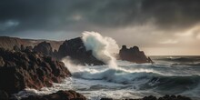 AI Generated Illustration Of A Powerful Wave Crashing Against A Rugged Rocky Shoreline In The Ocean