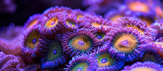 Poster - A close up of an underwater reef reveals a vibrant purple and yellow coral, resembling the petals of an electric blue terrestrial plant. This organism belongs to marine biology and is a stony coral.