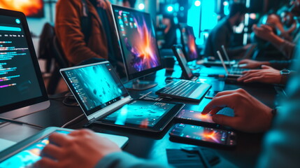 modern tech workspace with multiple devices such as laptops, tablets, and smartphones. it has a vibr