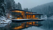 A modern glass house overlooking a lake and surrounded by pine trees. 