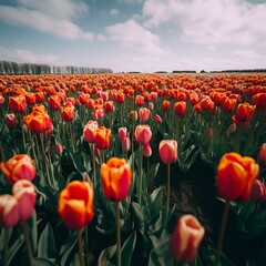 Wall Mural - AI generated illustration of a meadow with vibrant red and orange tulips illuminated by sunlight