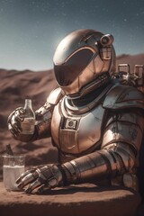 AI generated illustration of a space explorer holding a bottle of water on the moon