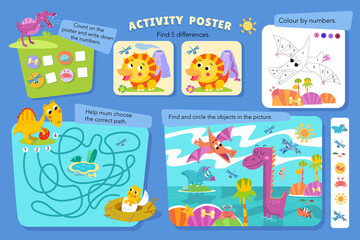  Puzzles, maze, find differences, write numbers. Coloring page. Games for kids of preschool. Cute cartoon dinosaurs. Children's illustration. 