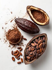 Poster - Cocoa ingredients with cocoa beans, fresh cocoa pod and cocoa mass isolated on white background. : Generative AI