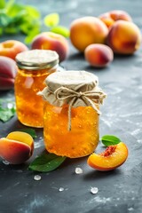 Aufkleber - Two jars with peach jam and fresh fruits on stone background. : Generative AI