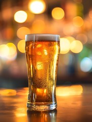 Poster - Glass of chilled beer on table and blurred sparkling bar background. : Generative AI