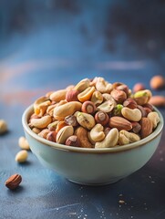 Poster - mixed nuts in bowl. Mix of various nuts on colored background. pistachios, cashews, walnuts, hazelnuts, peanuts and brazil nuts. : Generative AI