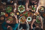 Fototapeta Londyn - Top view of vegan friends gathering around wooden table chatting lively and eating bio organic food : Generative AI