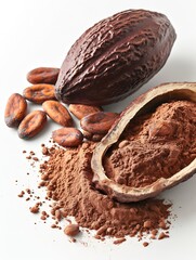 Poster - Cocoa ingredients with cocoa beans, fresh cocoa pod and cocoa mass isolated on white background. : Generative AI