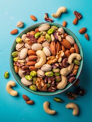Poster - mixed nuts in bowl. Mix of various nuts on colored background. pistachios, cashews, walnuts, hazelnuts, peanuts and brazil nuts. : Generative AI