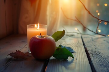 Aufkleber - Still life Candle and apple on the wooden table autumn slow living simplicity nature home cozy. High quality photo : Generative AI