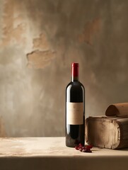 Poster - Bottle of red wine with a composition of old wood. Minimalistic composition on a beige background for product branding, identity, and packaging. Copy space. : Generative AI