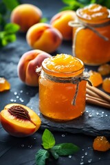 Poster - Two jars with peach jam and fresh fruits on stone background. : Generative AI