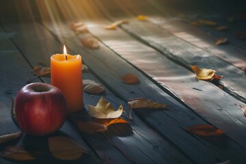 Aufkleber - Still life Candle and apple on the wooden table autumn slow living simplicity nature home cozy. High quality photo : Generative AI
