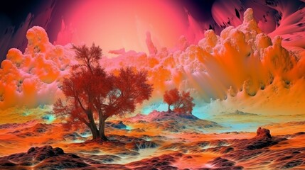 Wall Mural - an orange landscape with a tree surrounded by orange clouds and water