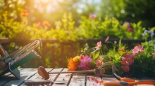 Gardening Tools And Flowers On The Terrace In The Garden : Generative AI