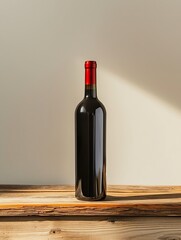 Poster - Bottle of red wine with a composition of old wood. Minimalistic composition on a beige background for product branding, identity, and packaging. Copy space. : Generative AI