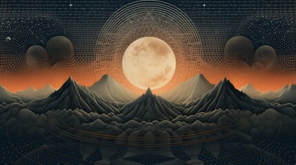 Wall Mural - retro dotwork landscape: 80s sun, grid mountains, stars background