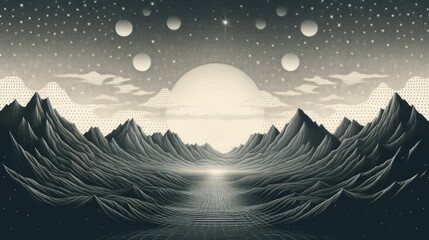 Wall Mural - retro dotwork landscape: 80s sun, grid mountains, stars background