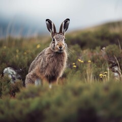 AI generated illustration of a brown hare in a grassy field, gazing directly into the camera