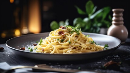 AI generated illustration of appetizing pasta served on a black plate