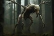 An AI generated illustration of a creepy monster on a forest floor with no one in sight