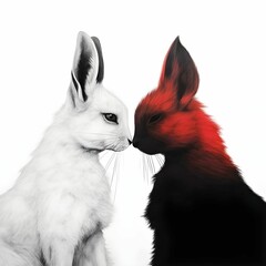 AI generated illustration of a peaceful scene of two rabbits, one red and one white