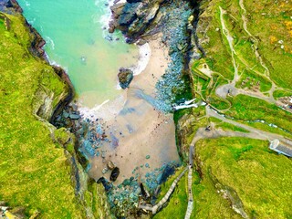 Poster - Aerial view of a stunning trebarwith strand Cornwall on a sunny day in UK