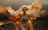 Fototapeta  - AI generated illustration of an angelic figure gliding over a city illuminated by ethereal light