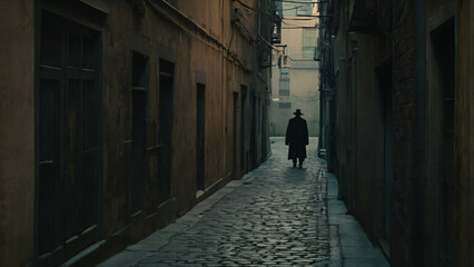  man walking down a narrow alleyway in a city