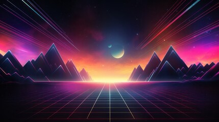 Canvas Print - trendy neon synth wave landscape: retro abstract background with sunset sky, road, and mountains