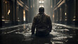 © Lumaverse - An intrepid figure strides through the submerged urban thoroughfare, navigating the flooded streets with determination and resilience.