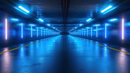 Wall Mural - Modern futuristic underground parking corridor warehouse with lighting empty stage