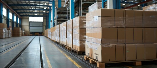 Poster - The building is filled with pallets of cardboard boxes, surrounded by various types of materials including wood, flooring, asphalt, and metal.