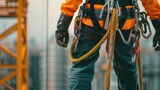 Fototapeta  - Employee working at height with safety equipment. generative ai