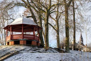 Wall Mural - view of a bright wooden gazebo, Valterkalnins, Gauja river near Valmiera