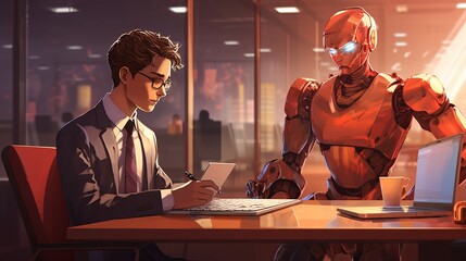 Wall Mural - Office worker collaborating with ai robot in modern workplace
