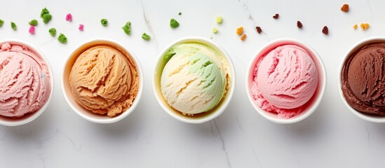 Wall Mural - A colorful assortment of ice cream bowls filled with various flavors, including pistachio, dondurma, and other frozen desserts.
