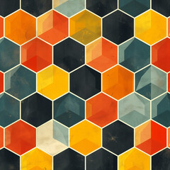 Poster - Colorful Geometric Square Mosaic Pattern Design with Abstract 3D Cubes for Seamless Decoration on Yellow Wall